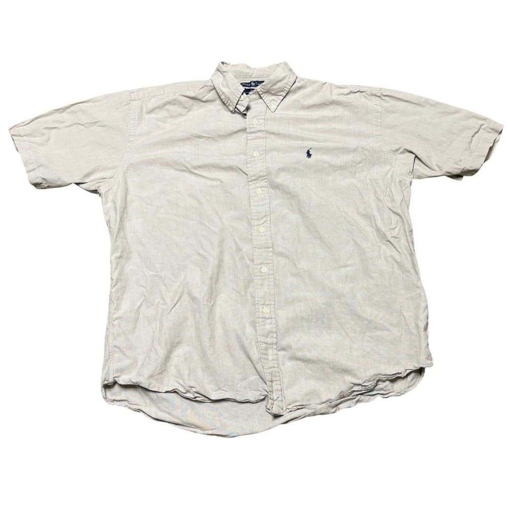 Polo Ralph Lauren Beige Micro Check Short Sleeve Button Up Shirt Embroidered L